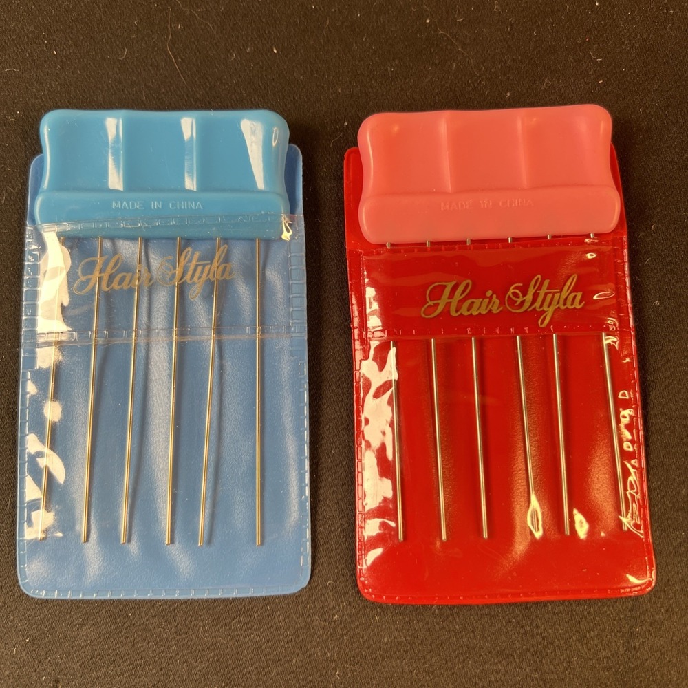 New- Vintage - 2/  Hair Styla  Hair Lift Pick Comb in Plastic Sleeve- Red & Blue